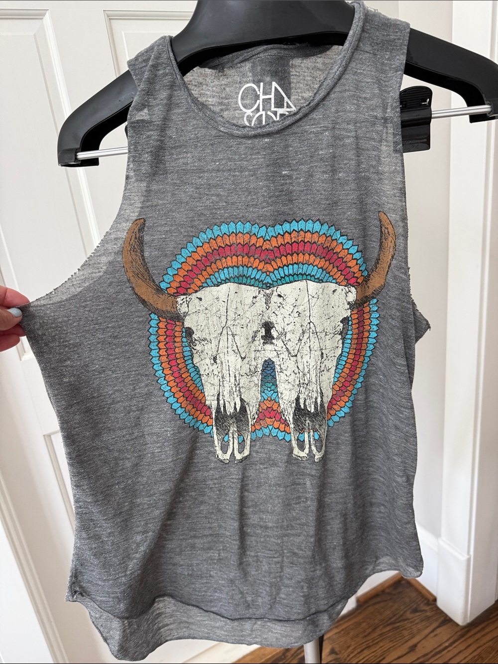 Chaser Gray Tank with Colorful Bull Skull Graphic